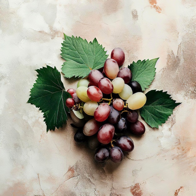 Uva con foglie piane giaceva su uno sfondo di intonaco sgangherata