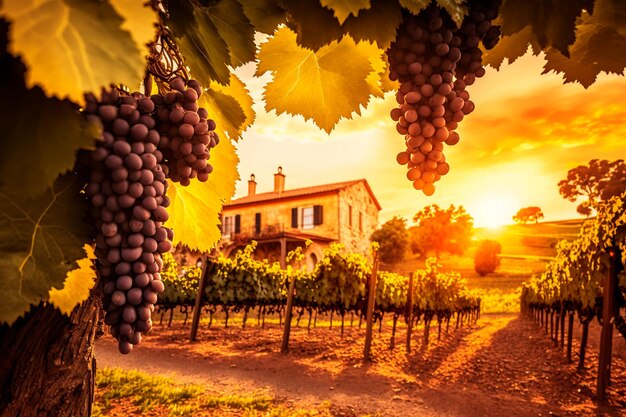 Uva da vino matura coltivata a vite in Toscana Italia Bellissima cantina e vigneto Luce del sole al tramonto IA generativa