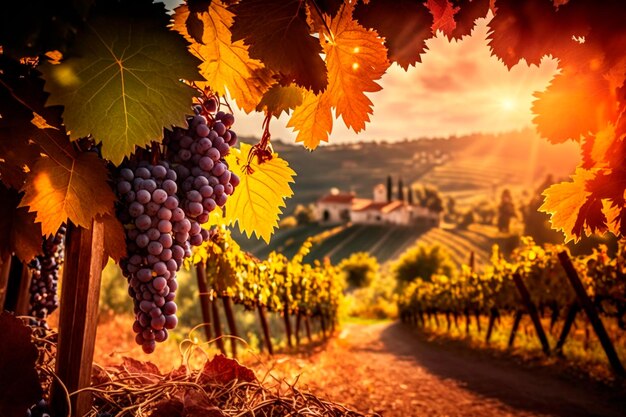 Uva da vino matura coltivata a vite in Toscana Italia Bellissima cantina e vigneto Luce del sole al tramonto IA generativa