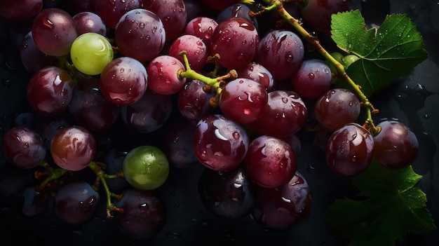 Uva fresca matura con sfondo di gocce d'acqua Sfondo di bacche IA generativa