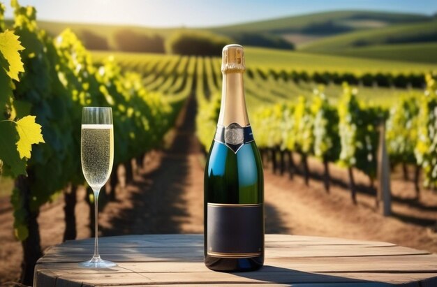 Uva in bottiglia di vino champagne sulla terrazza del vigneto