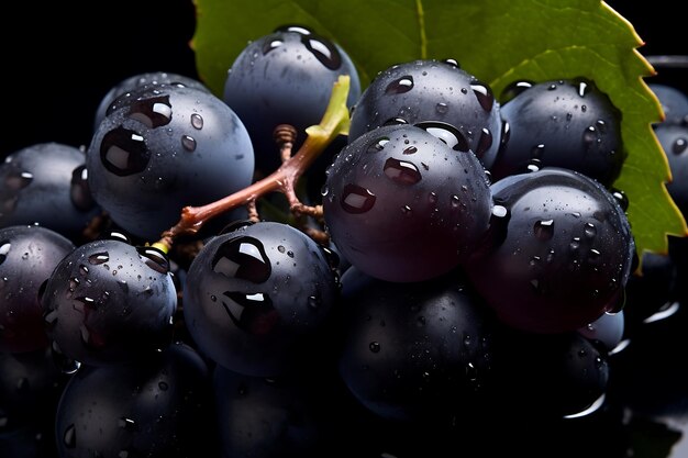 Uva nera coperta di gocce d'acqua