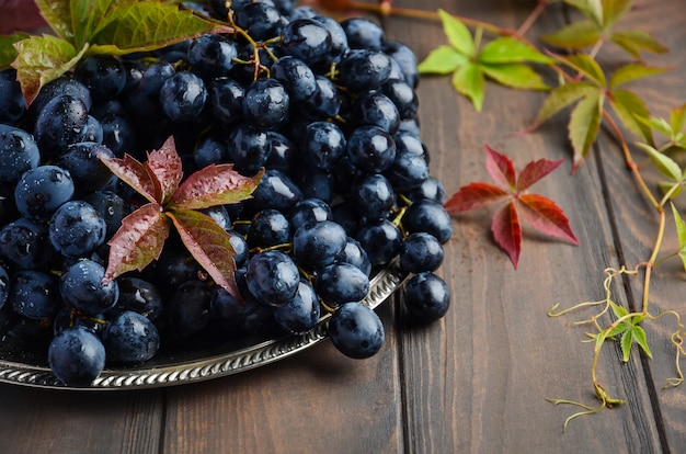 Uva nera fresca sul piatto d&#39;argento