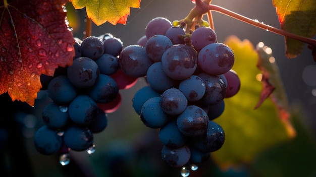 Uva su una vite con il sole che splende su di loro ai generativa