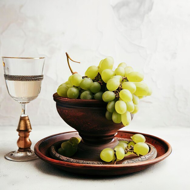 Uva verde con vino in calice in un piatto di argilla su sfondo bianco e grungy vista laterale