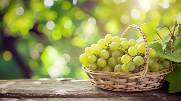 Uva verde in un cesto di bambù su un tavolo di legno in giardino Shine Muscat Grape