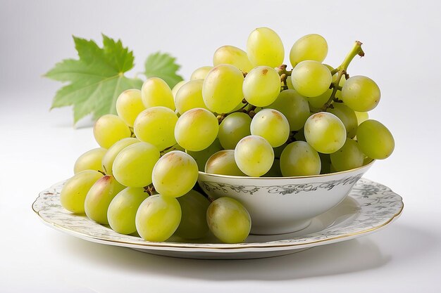 Uva verde in un piatto su uno sfondo bianco