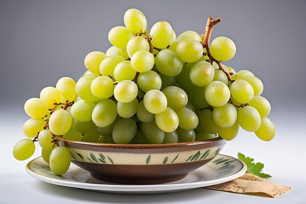 Uva verde in un piatto su uno sfondo bianco