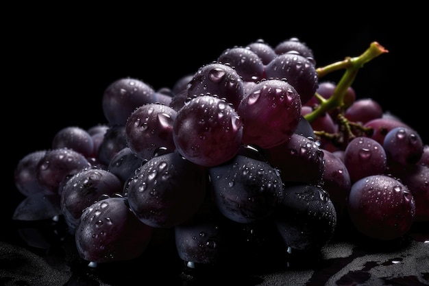 Uva viola con gocce su sfondo nero sfumato Banner panoramico IA generativa