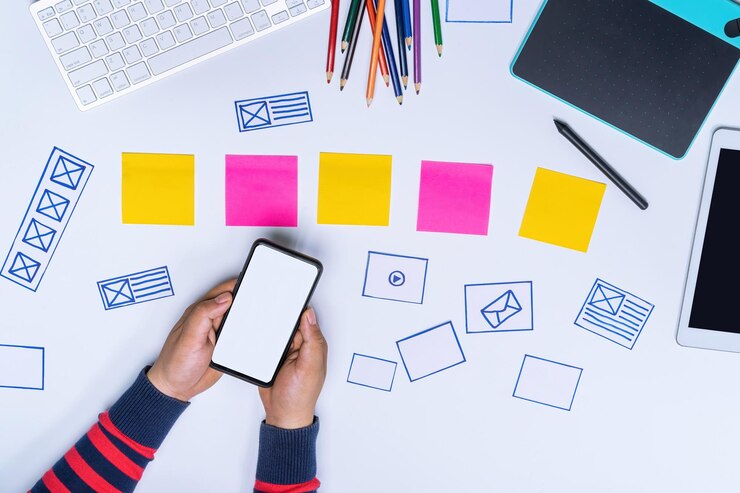 Photo ux designer hands holding white screen smartphone mockup on white office desk user experience design process concept