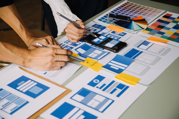 Ux Graphic designer creative sketch planning application process development prototype wireframe for web mobile phone User experience concept
