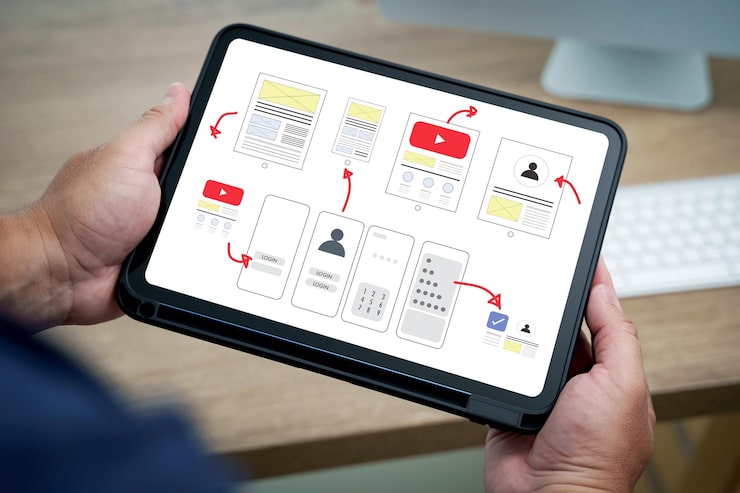 Foto ux ui design process concept with closeup view of a designer holding a tablet displaying wireframes and user flow diagrams symbolizing mobile app development website interface design and prototyping