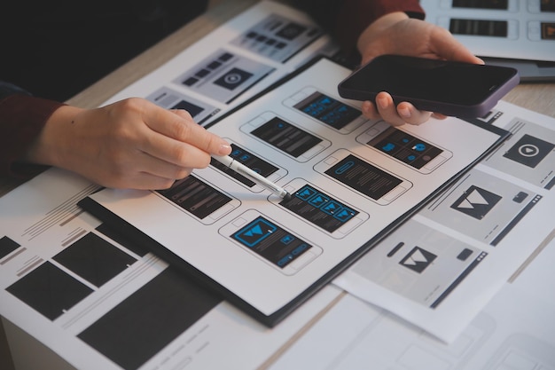 UX UI design process for modish mobile application and website Creative prototype of wireframe for professional app developer