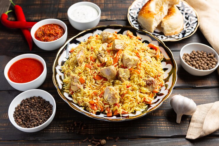 Uzbek plov un piatto di riso preparato con pollo, stufato con cipolle fritte, riso con aglio e carote, frutta secca, aglio e cumino.