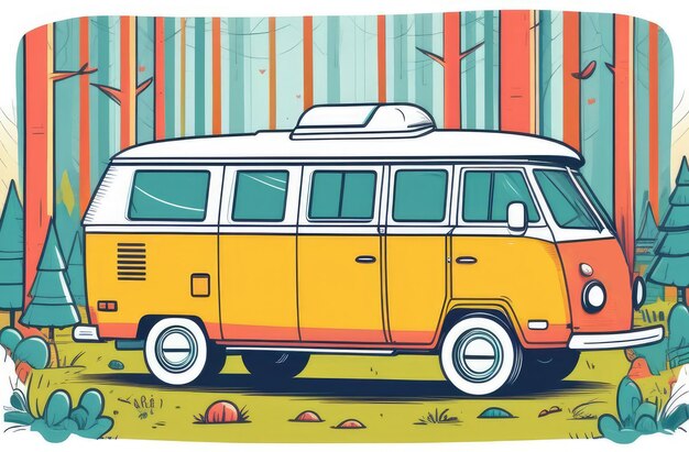 vacanza in natura selvaggia illustrazione piatta di furgone camper arancione parcheggiato in foresta