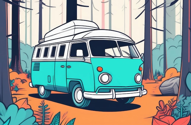 vacanza in natura selvaggia illustrazione piatta di furgone verde parcheggiato in foresta