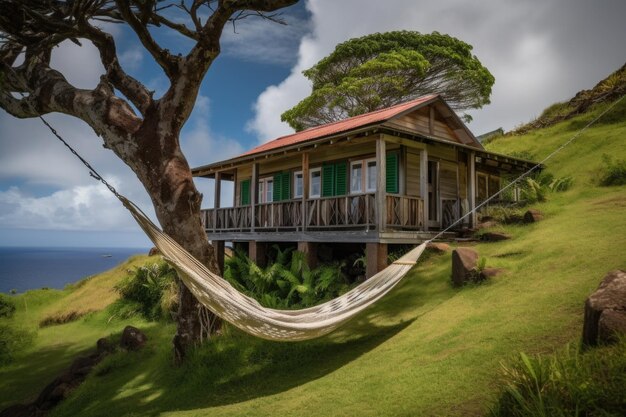 Vacanza in un'isola remota con un'amaca e una vista sull'oceano creata con l'AI generativa