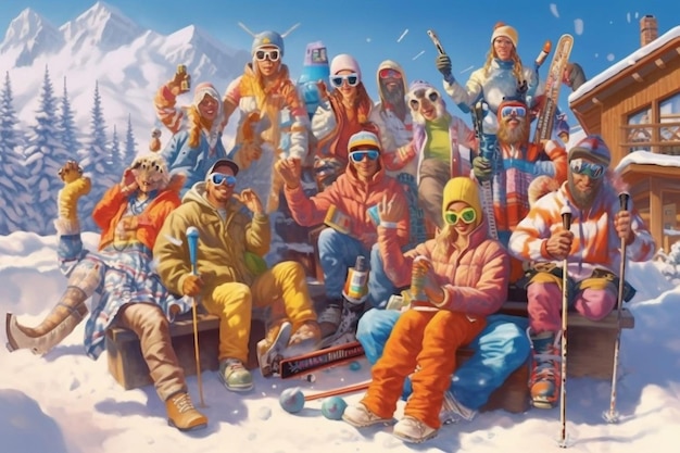 Vacanza sulla neve in famiglia Gruppo di giovani sciatori sulle montagne delle Alpi Madre e bambini che sciano in inverno I genitori insegnano ai bambini lo sci alpino Attrezzatura da sci e occhiali protettivi Caschi sicuri IA generativa