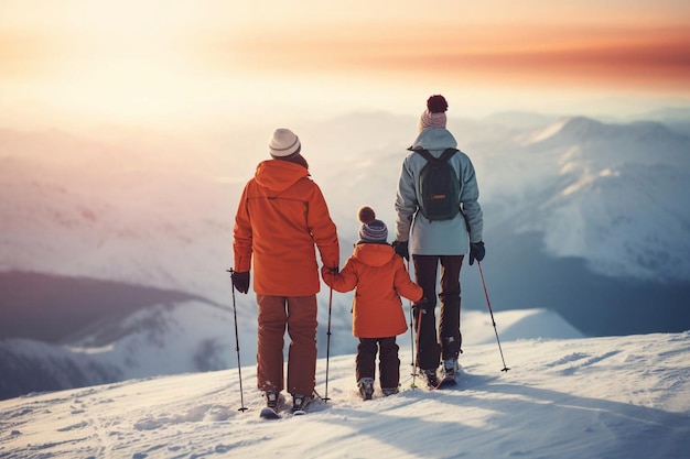 Vacanza sulla neve in famiglia Gruppo di giovani sciatori sulle montagne delle Alpi Madre e bambini che sciano in inverno I genitori insegnano ai bambini lo sci alpino Attrezzatura da sci e occhiali protettivi Caschi sicuri IA generativa