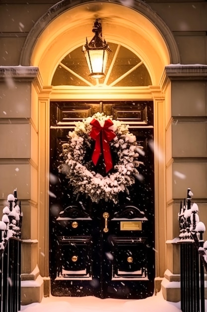 Vacanze di Natale cottage di campagna e decorazione di ghirlanda invernale nevicata su una porta Auguri di Buon Natale e Buone Feste ai generativa