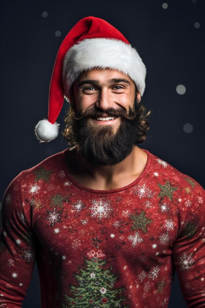 Vacanze di Natale e persone concetto sorridente uomo in cappello di Santa aiutante su sfondo nero