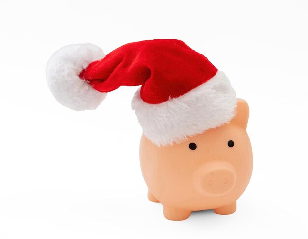 Vacanze di Natale Vendita Salvadanaio con cappello Santa isolato su bianco