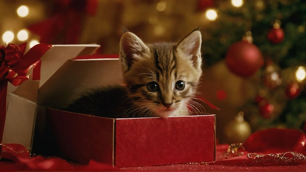 Vacanze e animali domestici Gatto in un interno di Natale a casa Serata invernale accogliente di umore Gattino in una scatola regalo