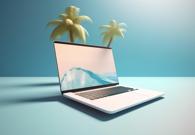 Vacanze estate tropicale spiaggia viaggio albero palma laptop concept computer AI generativa