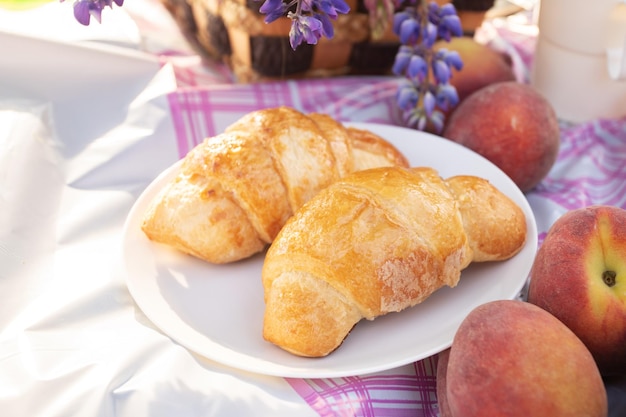 Vacanze estive attività ricreative all'aperto Croissant pesche e un panino su una tovaglia a scacchi rosa