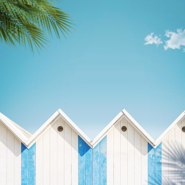 Vacanze in legno con capanne da spiaggia e palme sullo spazio della copia del concetto di spiaggia