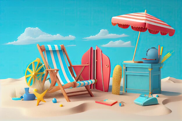 Vacanze in spiaggia Mar blu Sabbia bianca Rilassarsi Sfondio tropicale Disegno 3D Imitazione astratto AI Illustrazione generativa