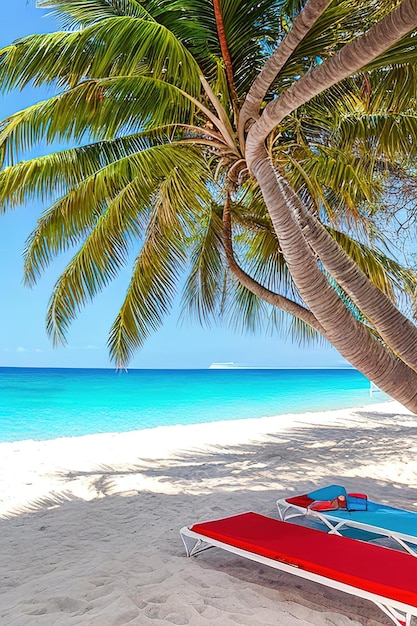 Vacanze in spiaggia sull'oceano vicino alle palme su lettini generati da Ai