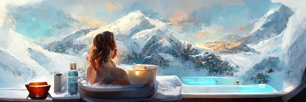 Vacanze invernali, bagno caldo all'aperto. Illustrazione digitale