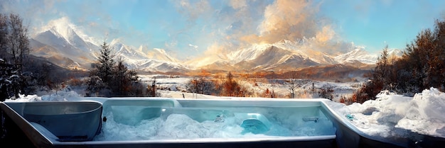 Vacanze invernali, bagno caldo all'aperto. Illustrazione digitale