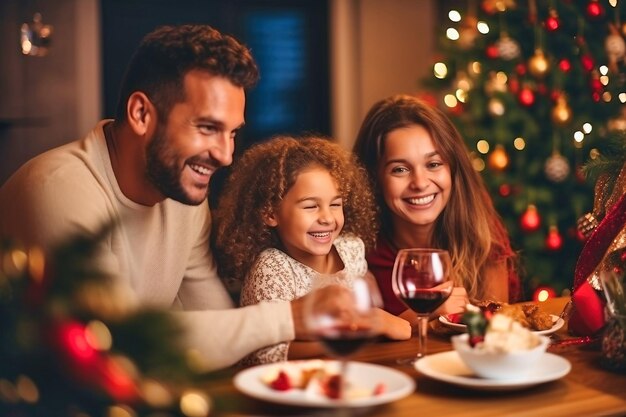 Vacanze invernali e concetto di persone famiglia felice al tavolo che celebra il natale e il nuovo anno Vacanze a casa Sfondo sfocato Fuoco selettivo