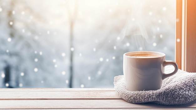 Vacanze invernali, una tazza di tè o caffè casalinga tranquilla e accogliente e una coperta lavorata a maglia vicino alla finestra nell'atmosfera di vacanza in un cottage della campagna inglese