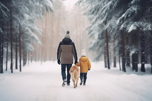 Vacanze natalizie attive vista posteriore di padre e figlia che passeggiano con il loro golden retriever nella foresta invernale all'aperto