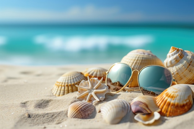 Vacanze rilassanti in spiaggia con occhiali da sole conchiglie sulla sabbia generativa ai