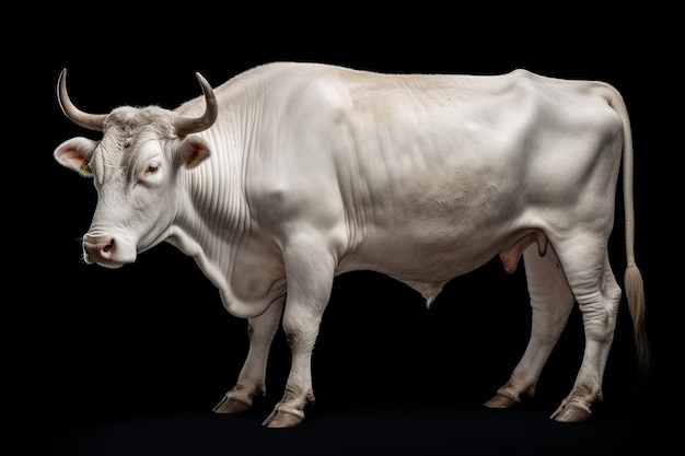 Vacca bianca con lunghe corna su uno sfondo scuro girato in studio