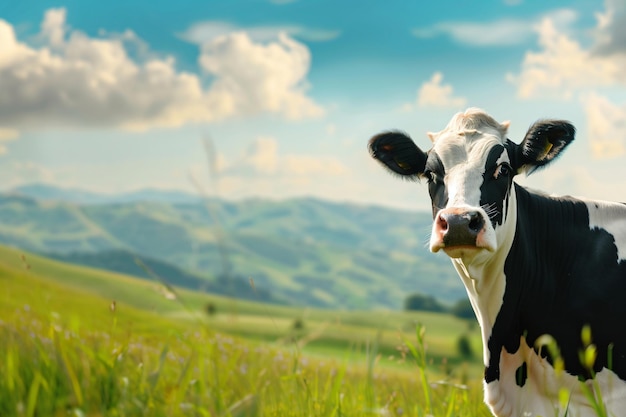 Vacca bianca e nera in un campo soleggiato in primavera o in estate Vacca pascolante su terreni agricoli