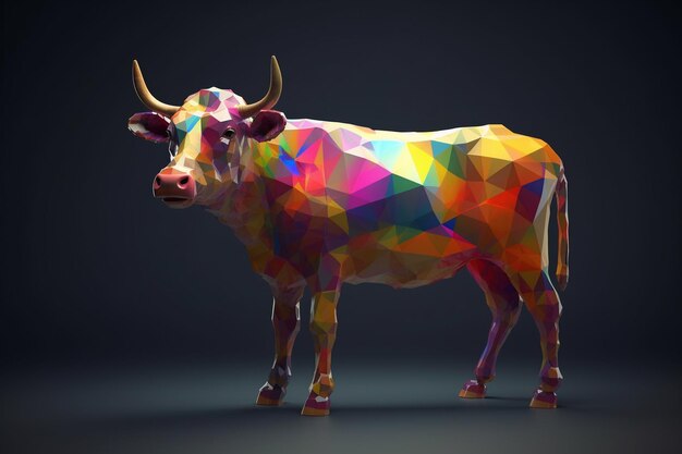 Vacca colorata a basso poli su sfondo scuro 3D Rendering generativo ai