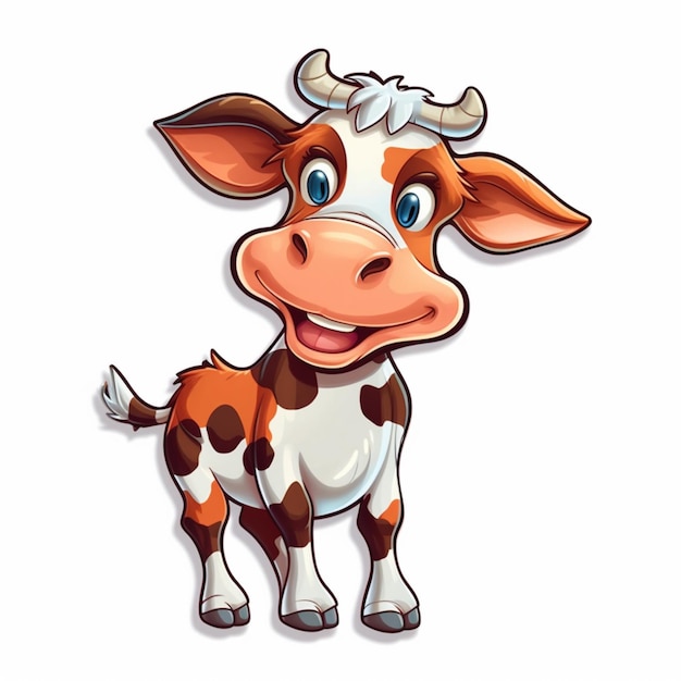 Vacca dei cartoni animati con occhi grandi e un lungo corno in piedi generativo ai