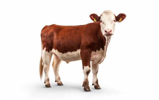 Vacca marrone e bianca in piedi davanti a uno sfondo bianco