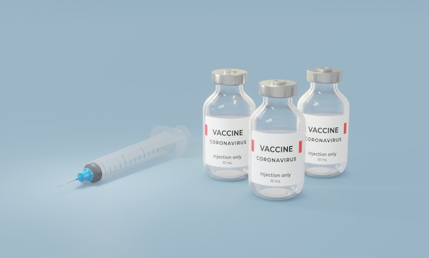 Vaccinazione contro il virus corona con bottiglia di vaccino e strumento di iniezione della siringa