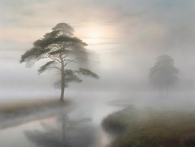 Vagabondando attraverso la nebbia eterea, sfumature mistiche coprono il paesaggio in un abbraccio da sogno