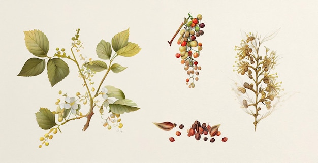 Vai Vidanka (Embelia Ribes). Illustrazione botanica su carta bianca. Le migliori piante medicinali.