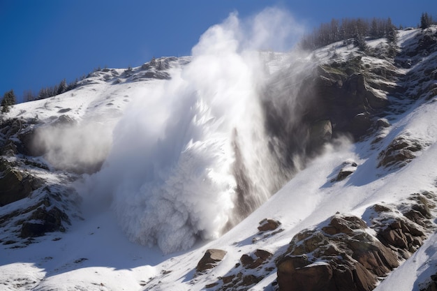 Valanga di neve e ghiaccio che si schiantano lungo il fianco della montagna