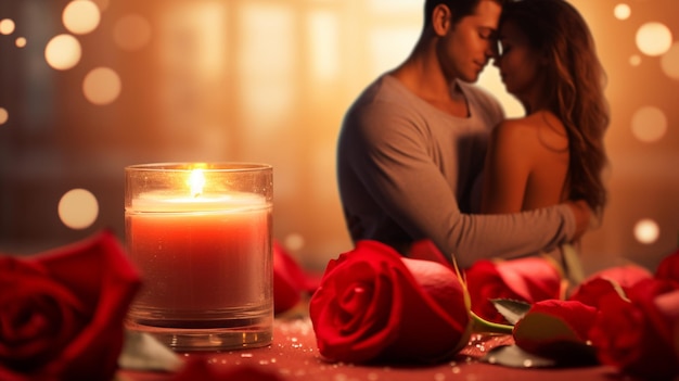 Valentine concetto rose rosse e candele sullo sfondo di persone innamorate