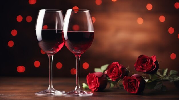 Valentine's Day bicchiere di vino rosso e rose coppia sfondo cuore C'è spazio per mettere il testo