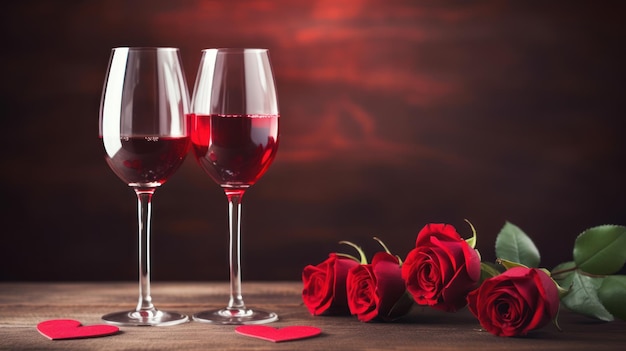 Valentine's Day bicchiere di vino rosso e rose coppia sfondo cuore C'è spazio per mettere il testo